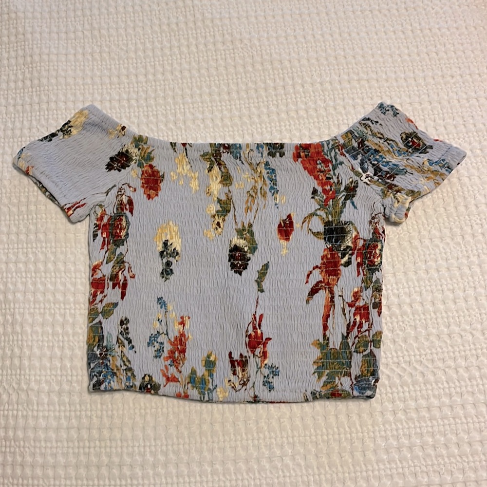 Small ILLA ILLA light blue flower smocked off the shoulder crop top
